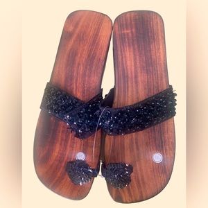 Wooden Sole Sandals with Black Sequin Strap - Amazingly Comfortable
